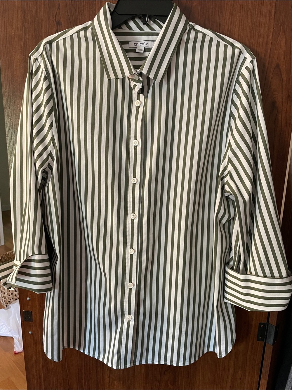 Chico's Olive and White Striped Button-Down Shirt No Iron XL-3